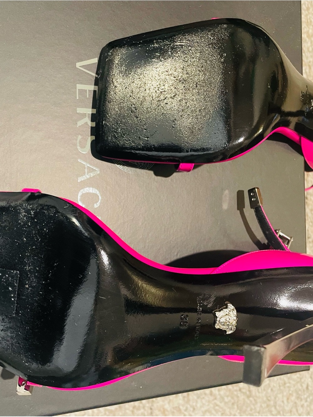 Versace Hot Pink Strappy Square-Toe Heeled Sandals - Picture 5 of 6